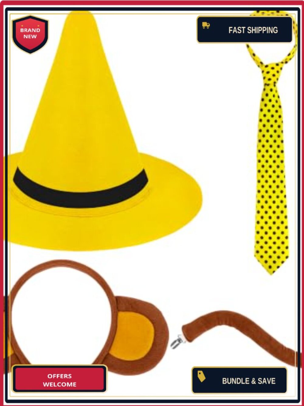 Adult Couple Costume Set Yellow Pointy Hat Polka Dot Tie Monkey Ears Tail